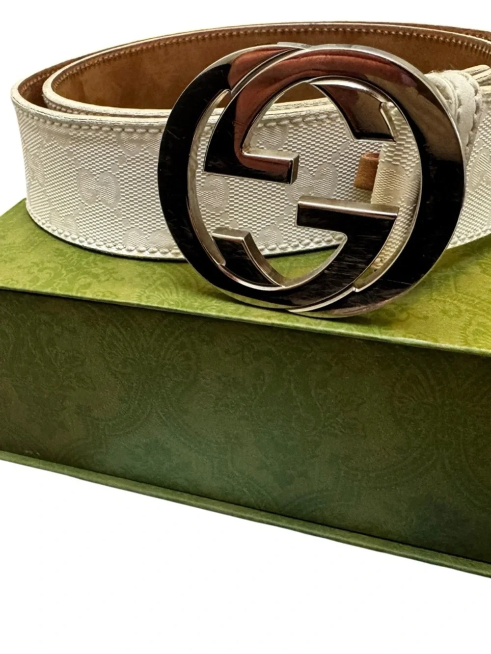 Gucci Cream Monogram Canvas Belt with Silver Double G Buckle